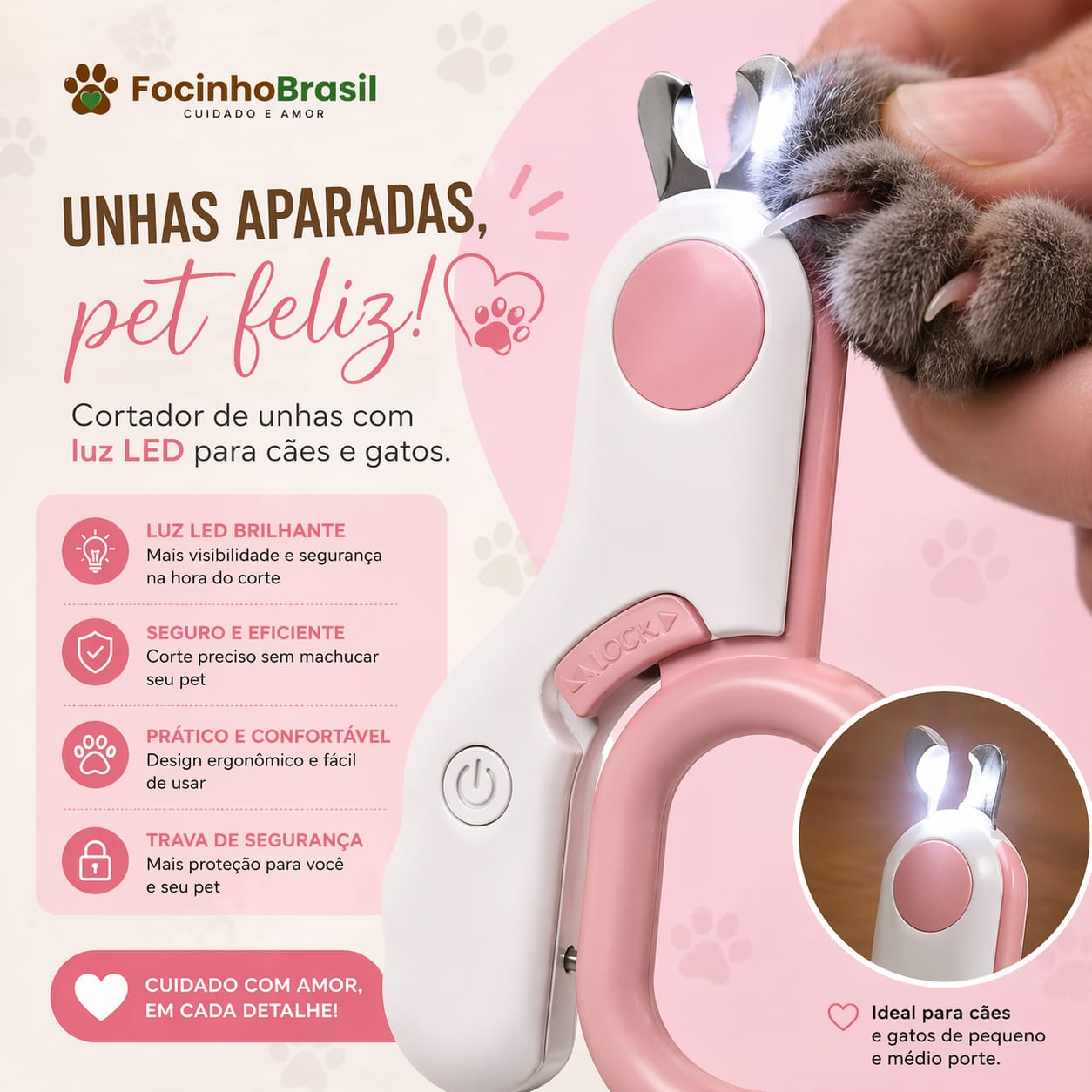 Cortador de unhas para pet com luz LED