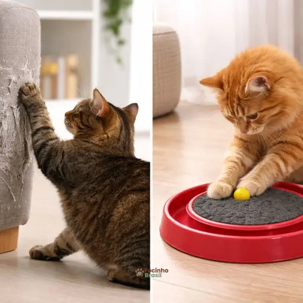 Gato brincando com arranhador redondo com bolinha interativa para reduzir estresse