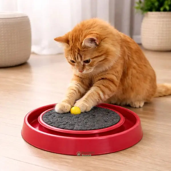 Arranhador para gatos com bolinha interativa redondo estimulando brincadeira e cuidado com as unhas