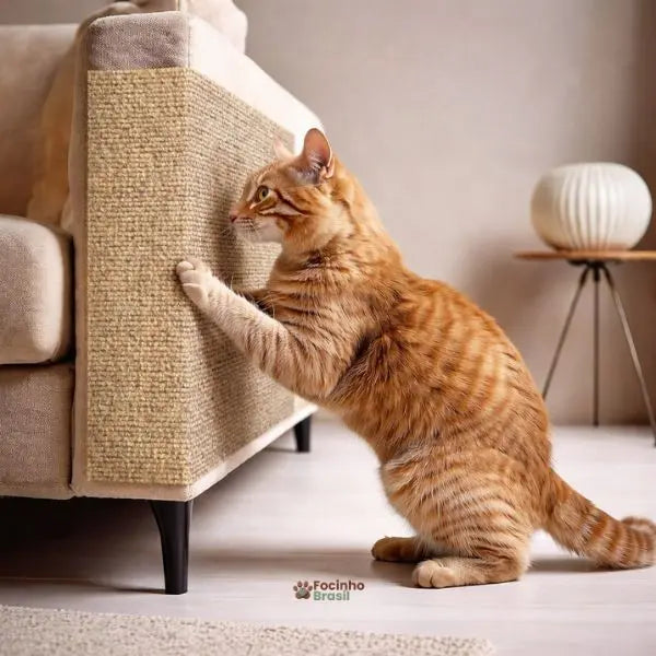 arranhador adesivo para gatos instalado em sofá protegendo móveis contra arranhões