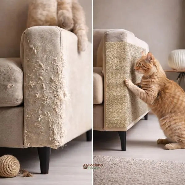 gato usando arranhador adesivo no sofá em ambiente doméstico confortável
