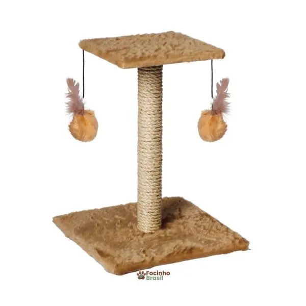 Detalhe dos materiais do arranhador para gatos com base em MDF e poste revestido com corda de sisal