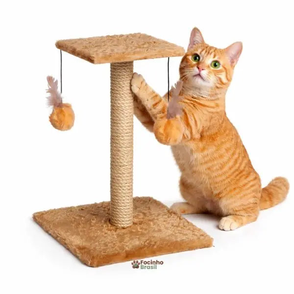 Arranhador para gatos com poste de sisal e brinquedos pendurados pompom com penas para gatos brincarem