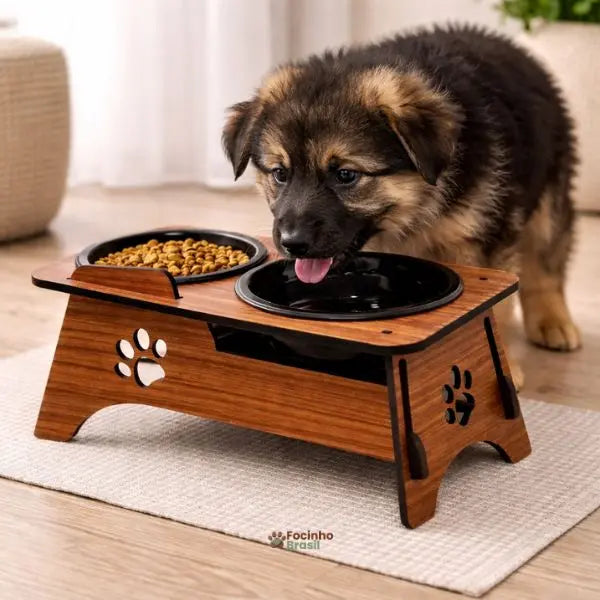 Bebedouro elevado para pets com suporte de madeira e tigelas de polipropileno livre de BPA