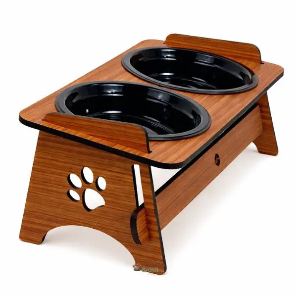 Comedouro elevado para cachorro e gato em MDF com duas tigelas removíveis para alimentação saudável