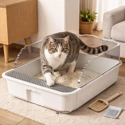 caixa de areia para gatos grande com peneira em ambiente doméstico moderno