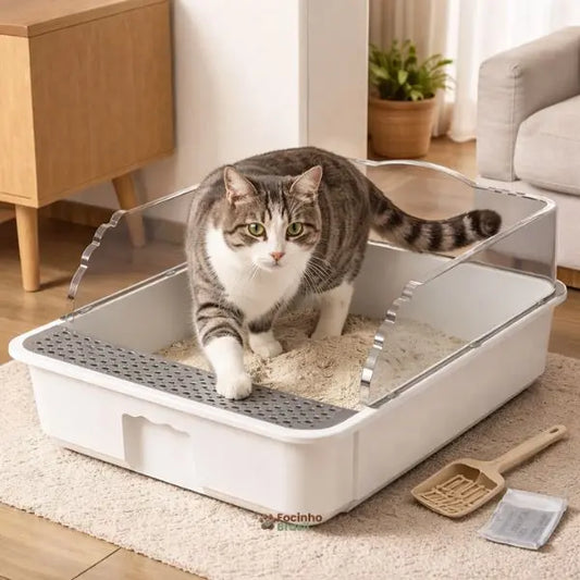 caixa de areia para gatos grande com peneira em ambiente doméstico moderno