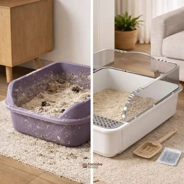 comparação caixa de areia para gatos comum suja e caixa de areia com peneira limpa