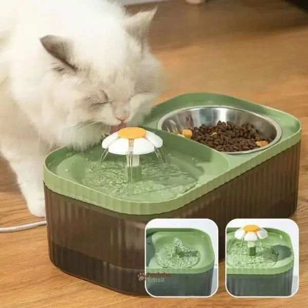 gato bebendo água em fonte automática com cascata de flores para pets