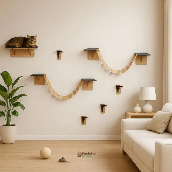 playground de parede para gatos com prateleiras escada e pontes circuito felino instalado na sala