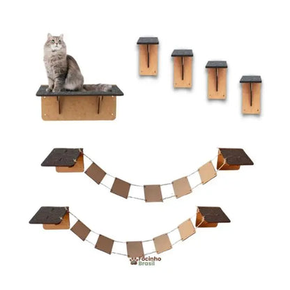 gato usando circuito playground de parede com ponte suspensa e prateleiras para escalada