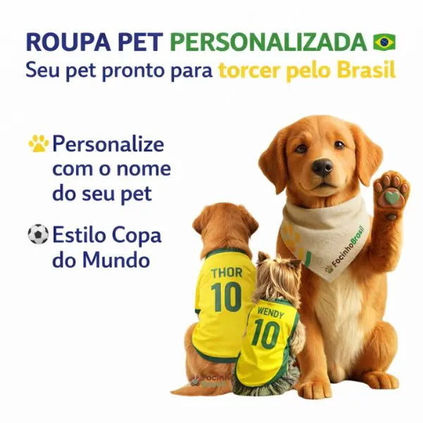 roupa pet personalizada brasil copa do mundo com nome e número para cachorro ou gato