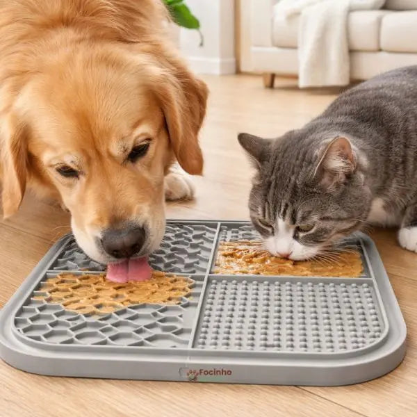 cachorro usando tapete lick mat para alimentação lenta e redução de ansiedade